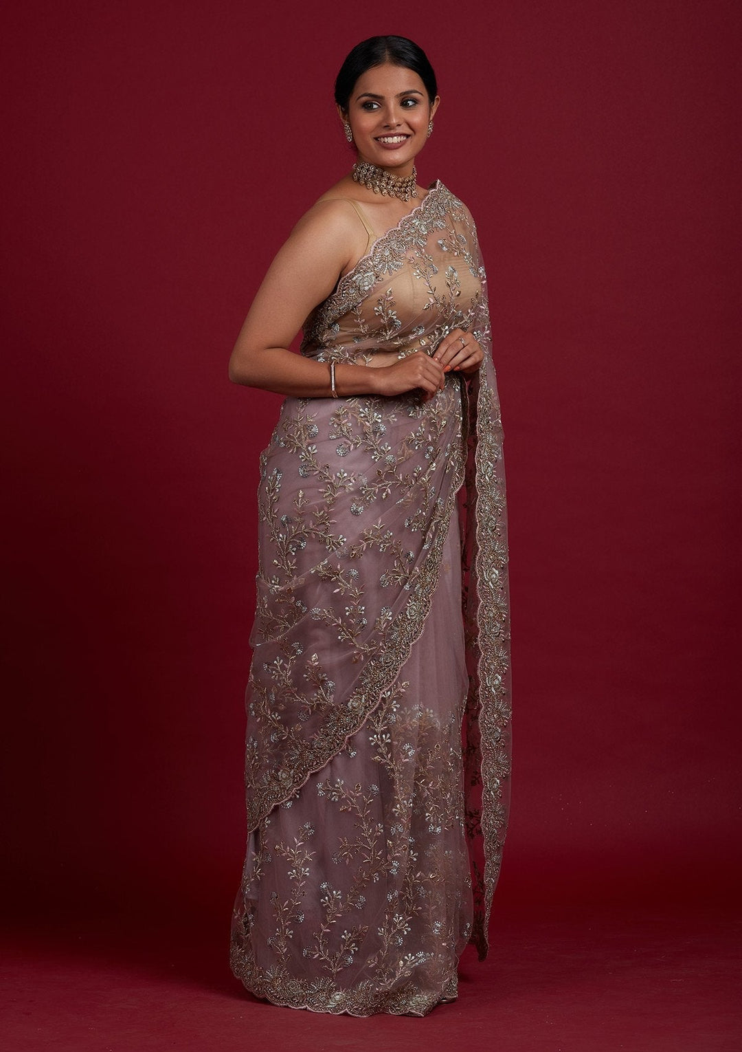 Lavender Zariwork Net Designer Saree - Koskii