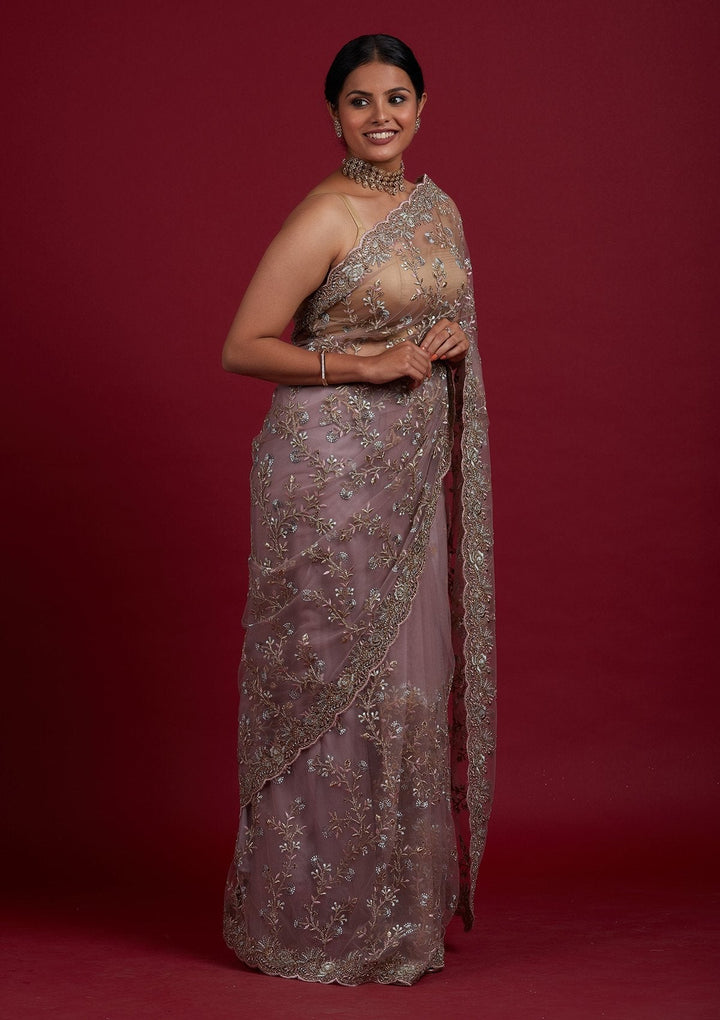 Lavender Zariwork Net Designer Saree - Koskii