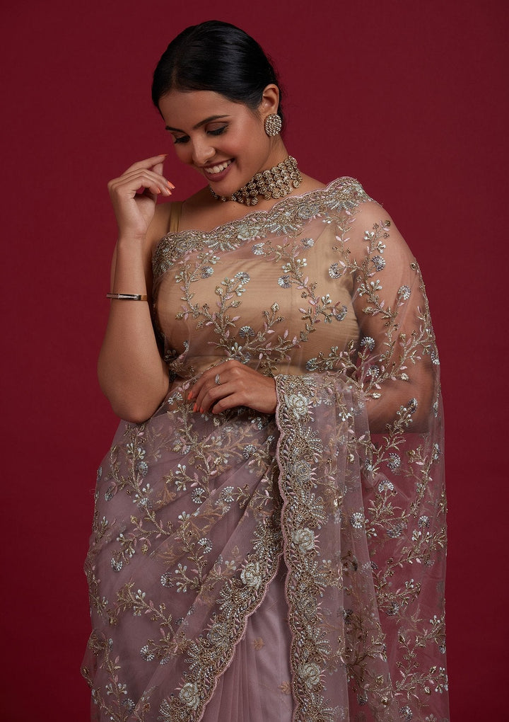 Lavender Zariwork Net Designer Saree - Koskii