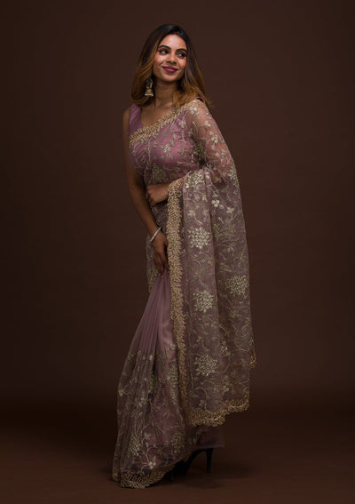 Lavender Zariwork Net Saree-Koskii