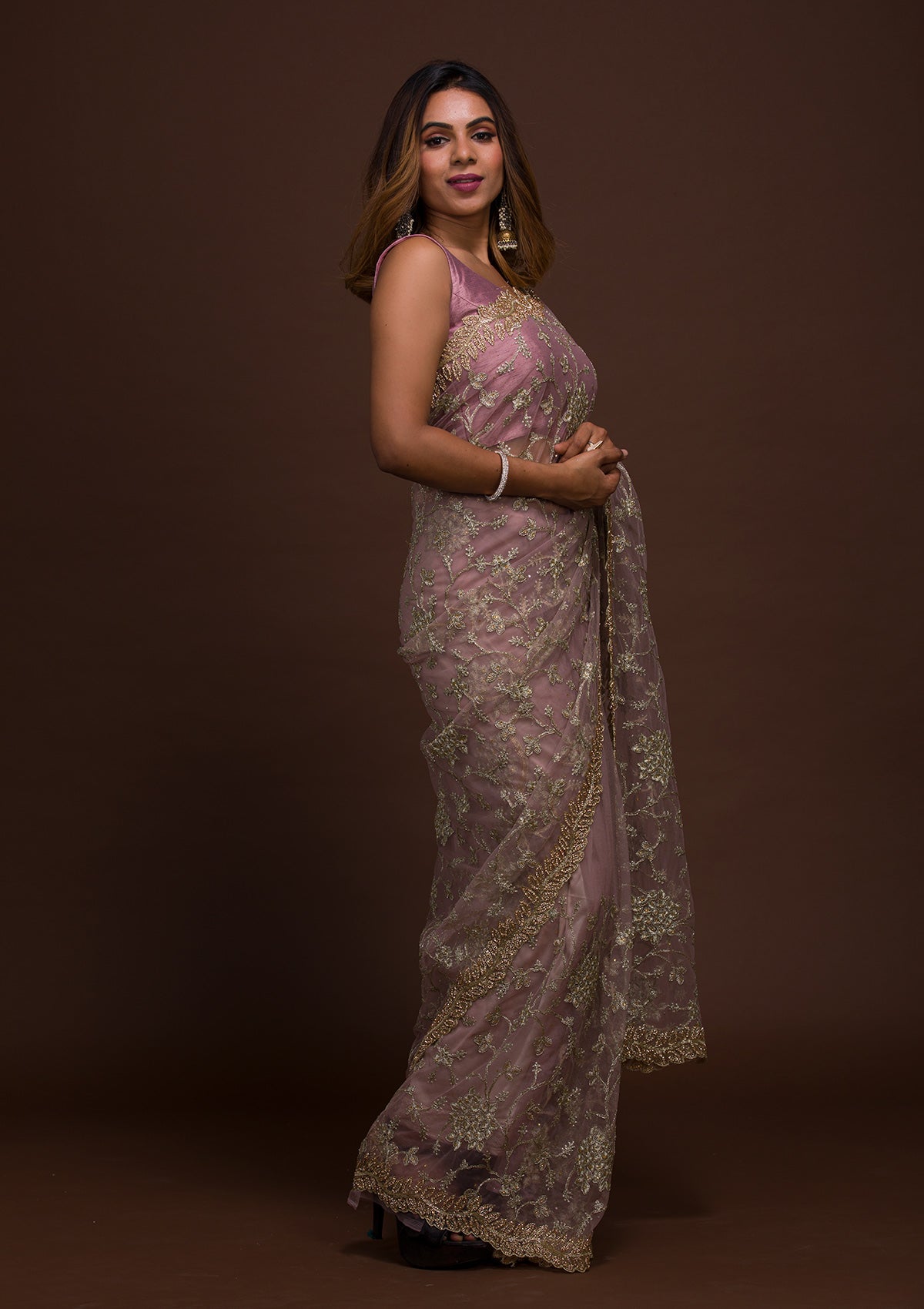 Lavender Zariwork Net Saree-Koskii