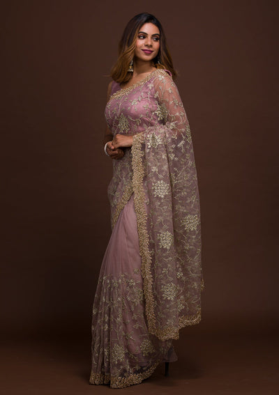 Lavender Zariwork Net Saree-Koskii