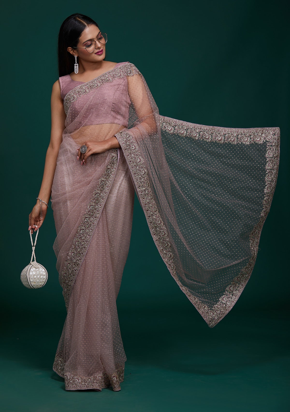 Lavender Zariwork Net Saree - Koskii