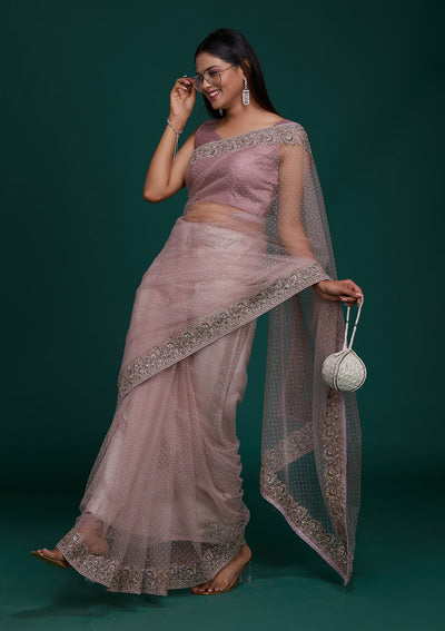 Lavender Zariwork Net Saree - Koskii