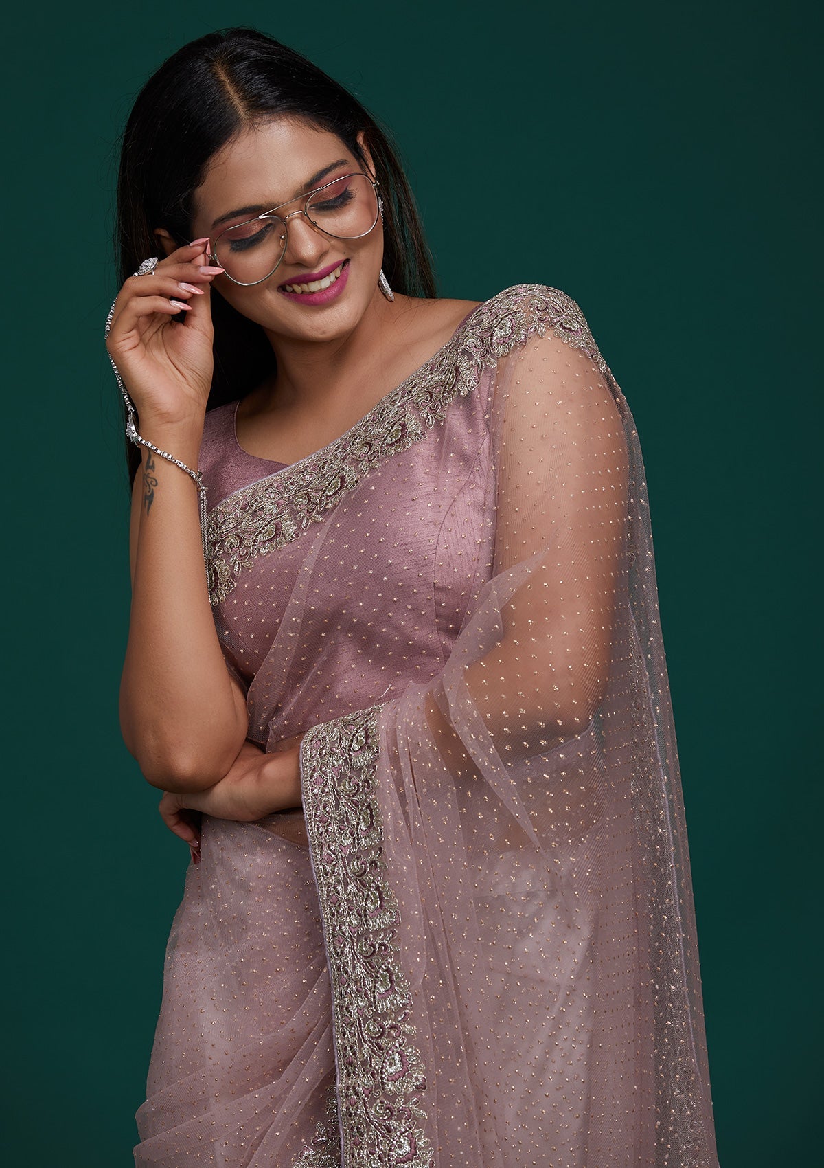 Lavender Zariwork Net Saree - Koskii