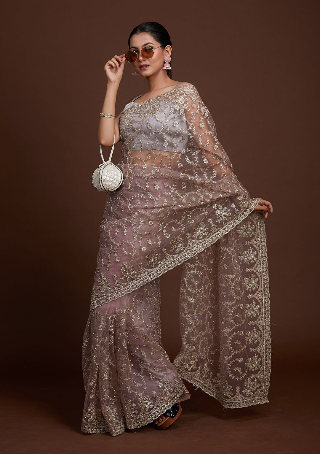 Lavender Zariwork Net Saree-Koskii
