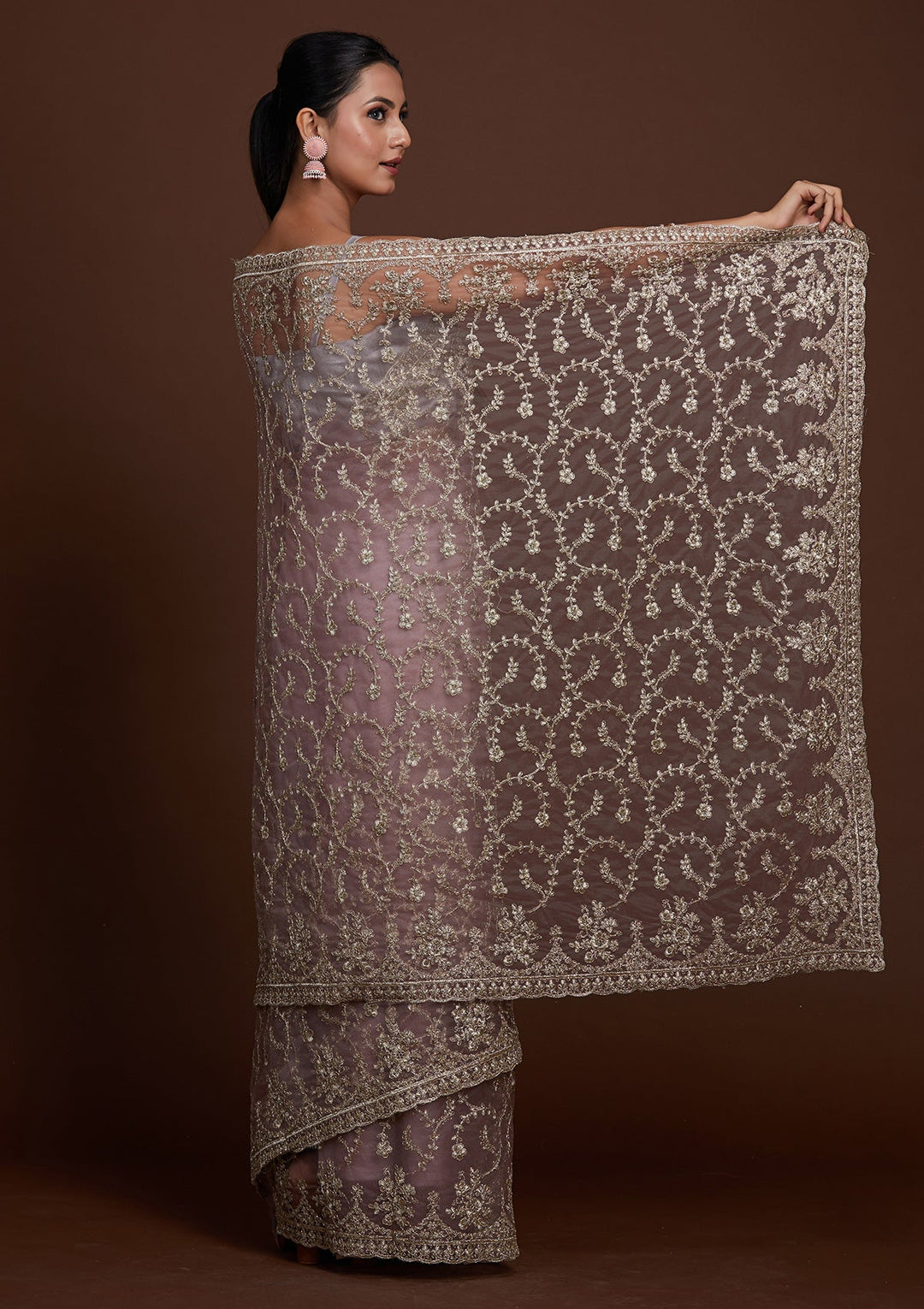 Lavender Zariwork Net Saree-Koskii