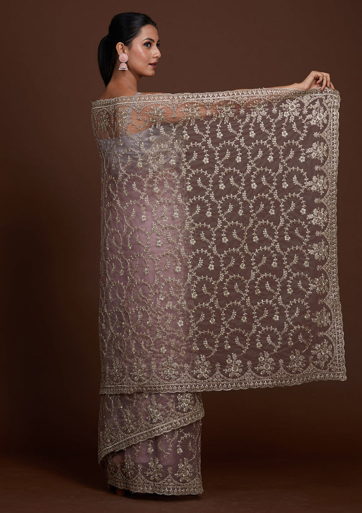 Lavender Zariwork Net Saree-Koskii