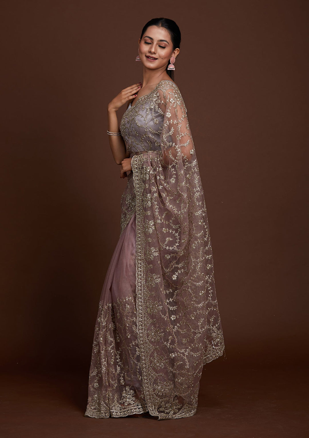 Lavender Zariwork Net Saree-Koskii
