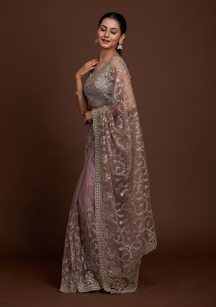 Lavender Zariwork Net Saree-Koskii