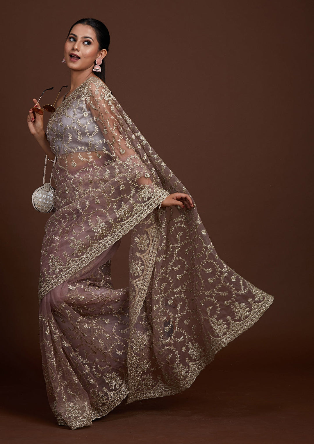 Lavender Zariwork Net Saree-Koskii