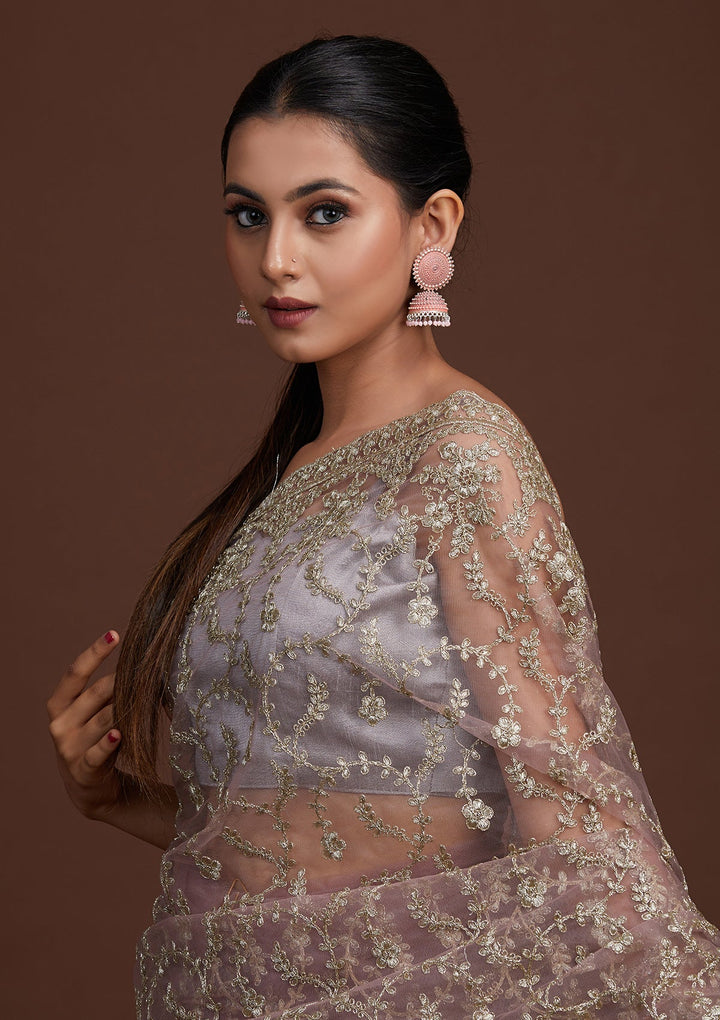 Lavender Zariwork Net Saree-Koskii