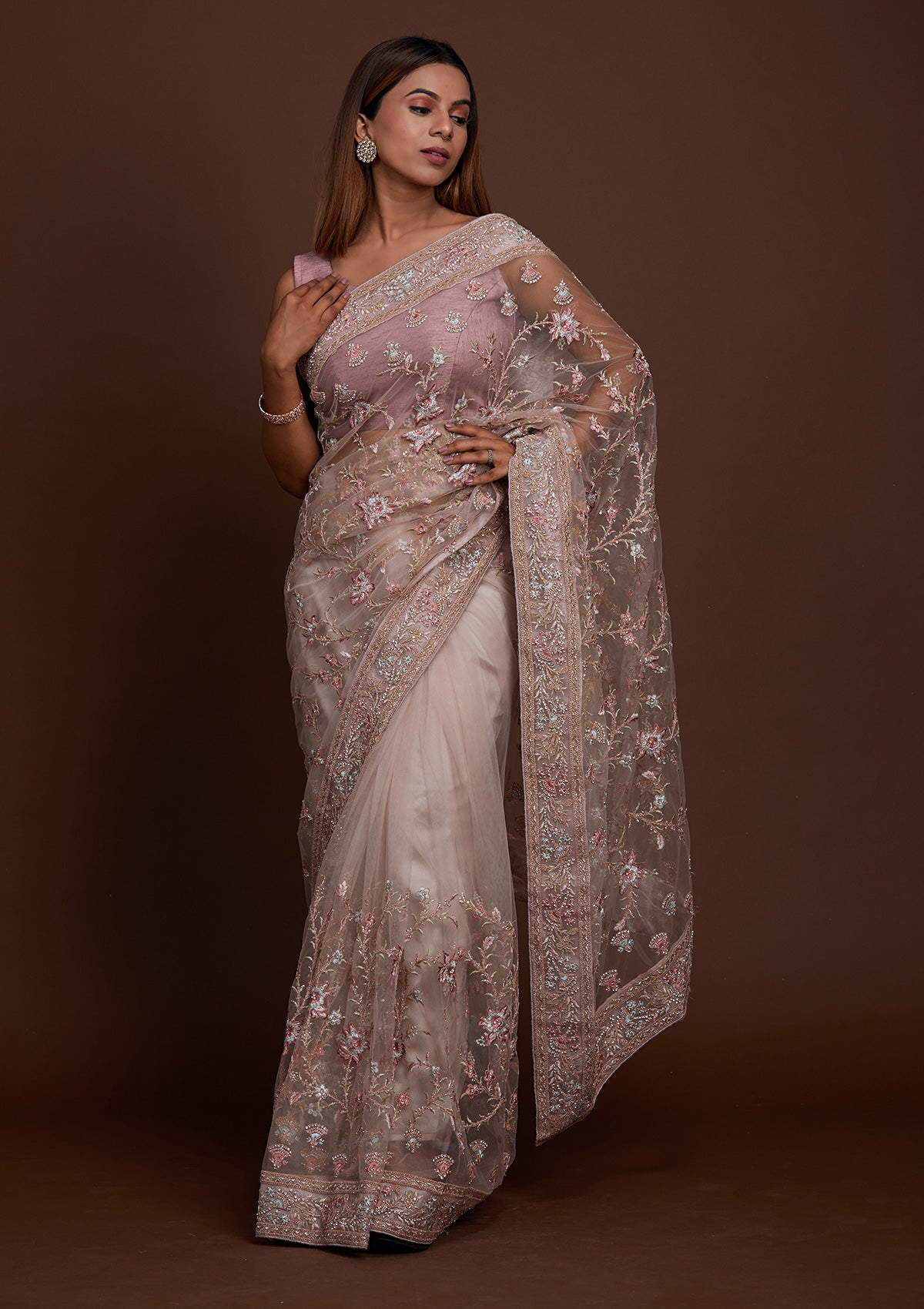 Lavender Zariwork Net Saree-Koskii