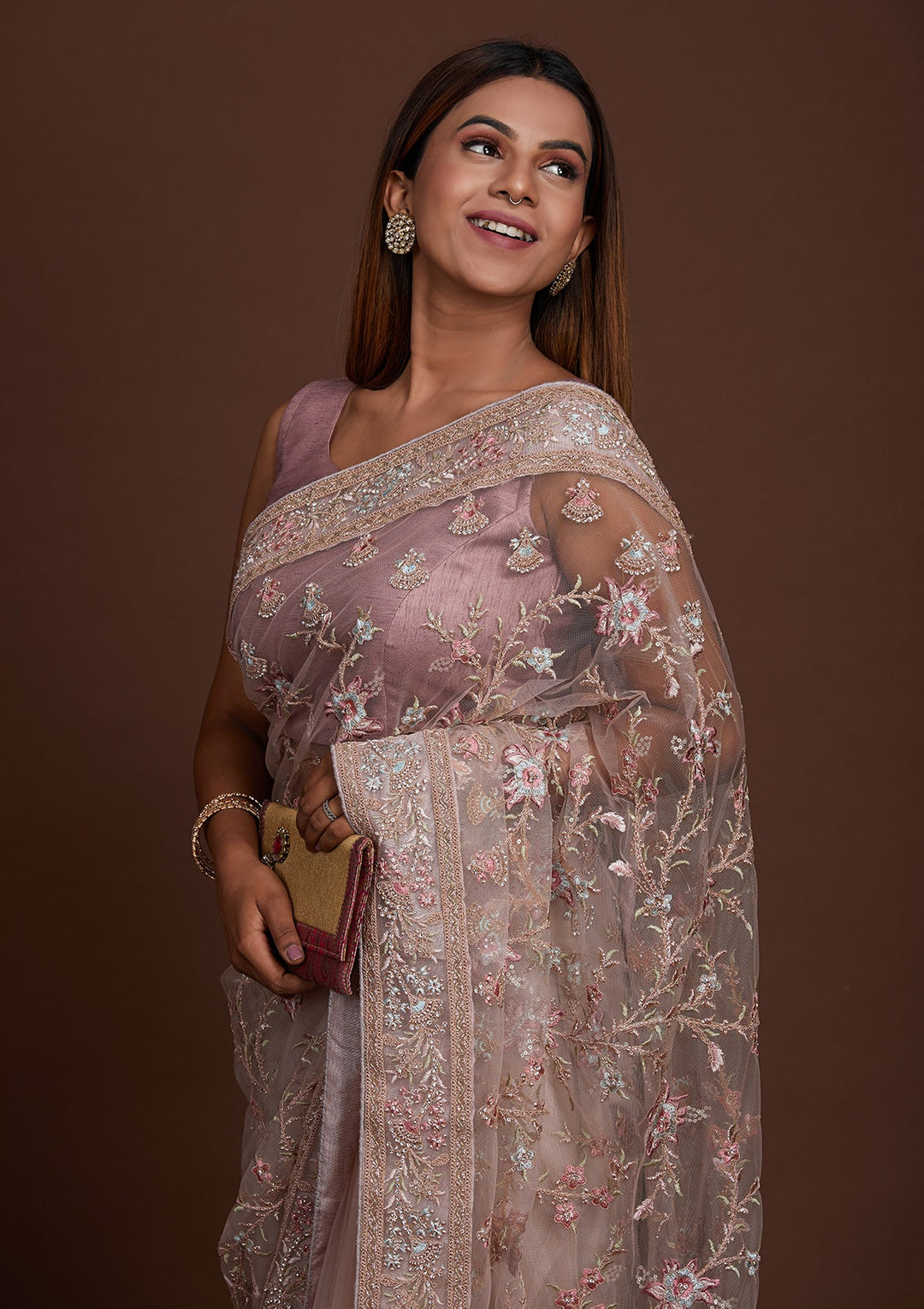 Lavender Zariwork Net Saree-Koskii