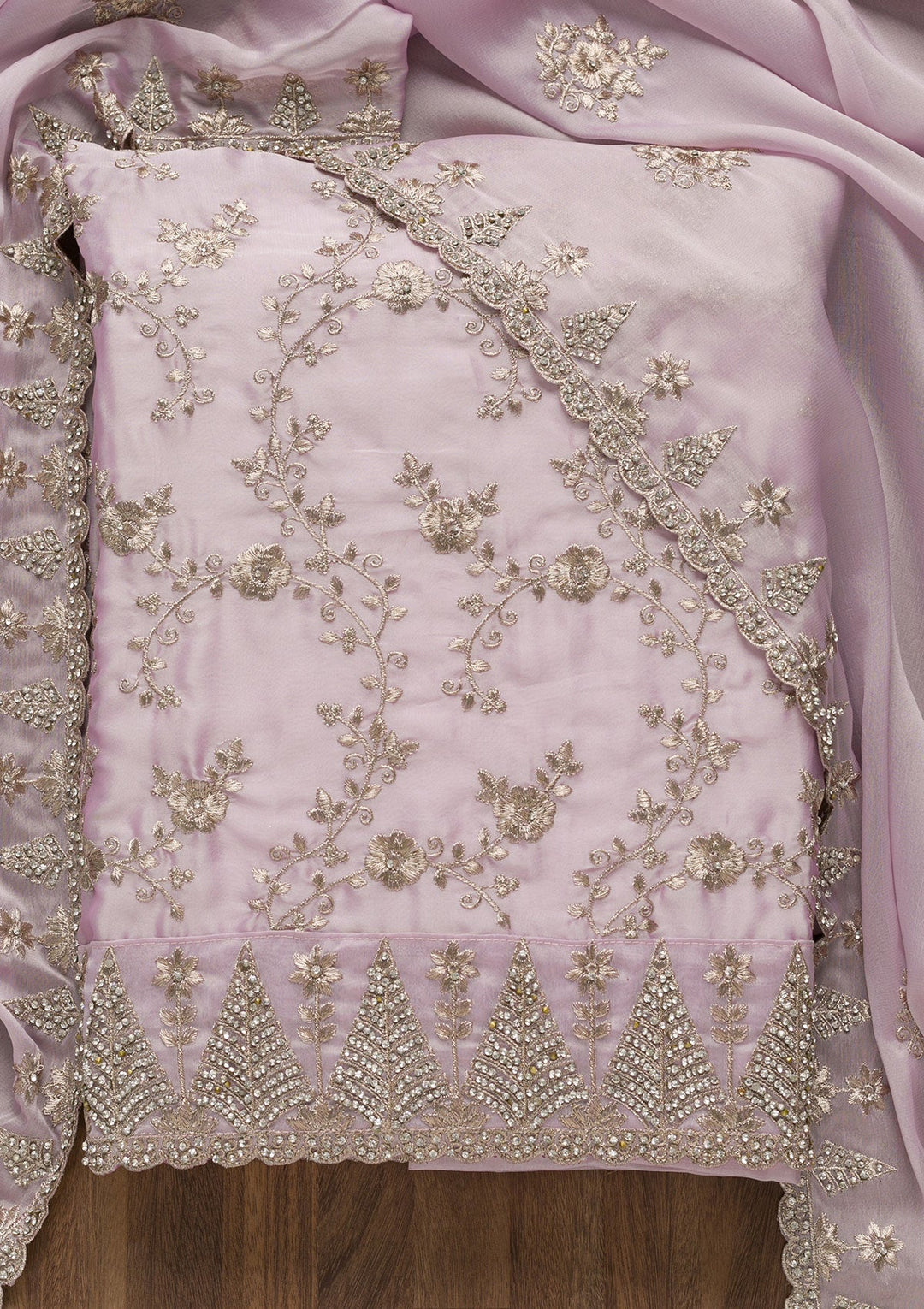 Lavender Zariwork Semi Crepe Unstitched Salwar Suit-Koskii