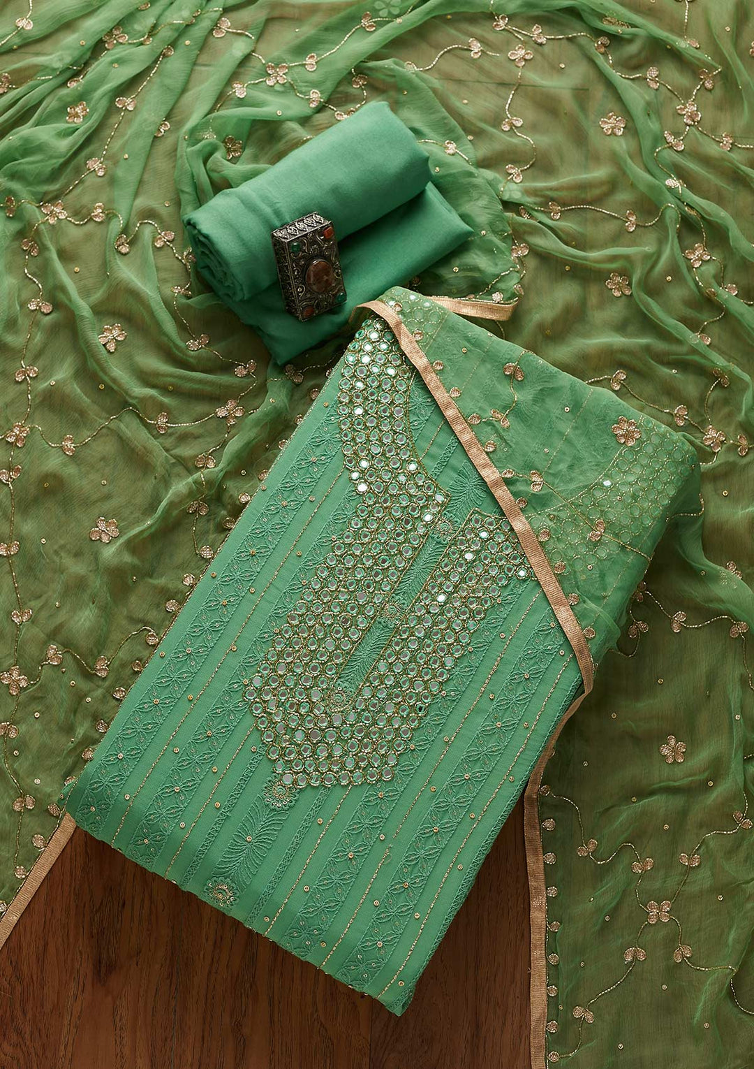 Leaf Green Mirrorwork Georgette Designer Semi-Stitched Salwar Suit - koskii