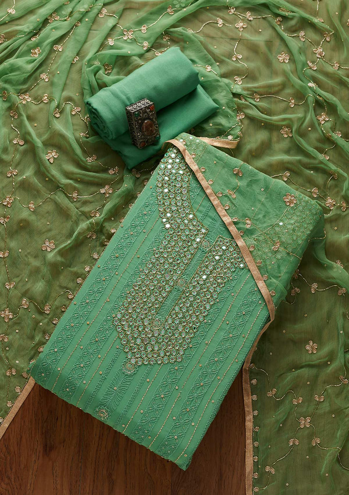 Leaf Green Mirrorwork Georgette Designer Semi-Stitched Salwar Suit - koskii