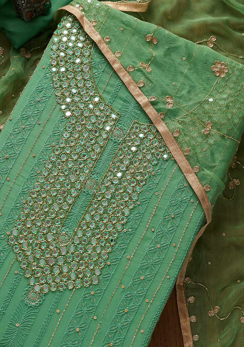 Leaf Green Mirrorwork Georgette Designer Semi-Stitched Salwar Suit - koskii
