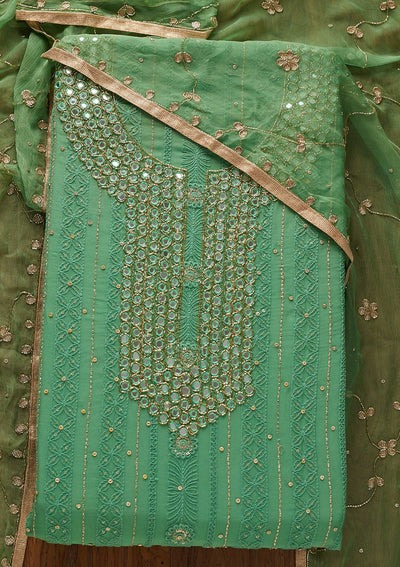 Leaf Green Mirrorwork Georgette Designer Semi-Stitched Salwar Suit - koskii