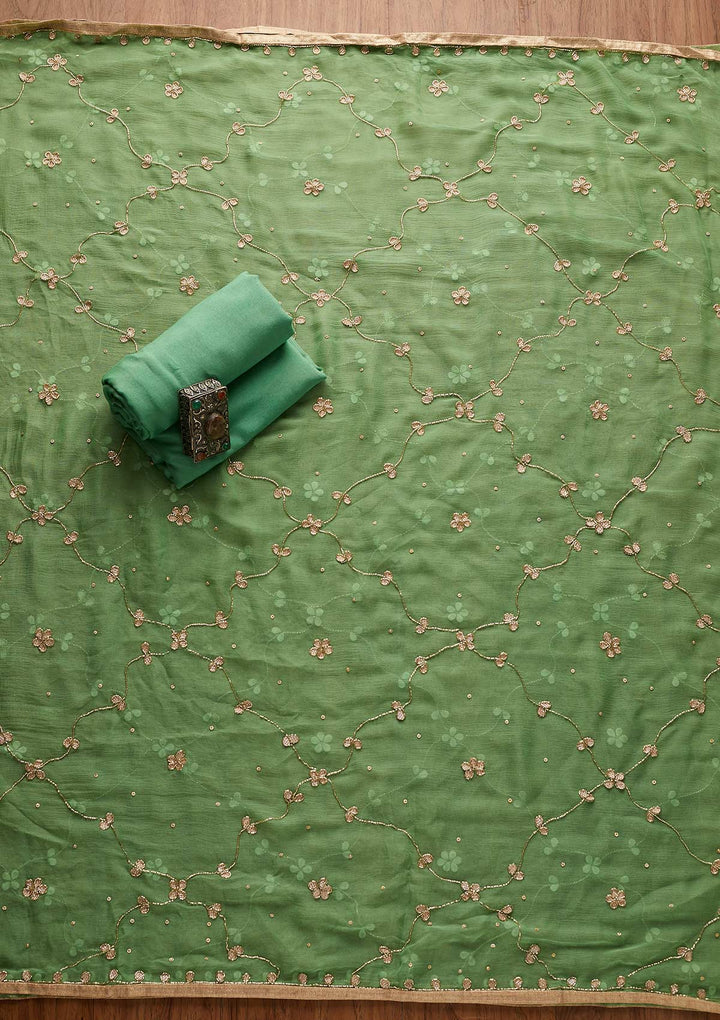 Leaf Green Mirrorwork Georgette Designer Semi-Stitched Salwar Suit - koskii
