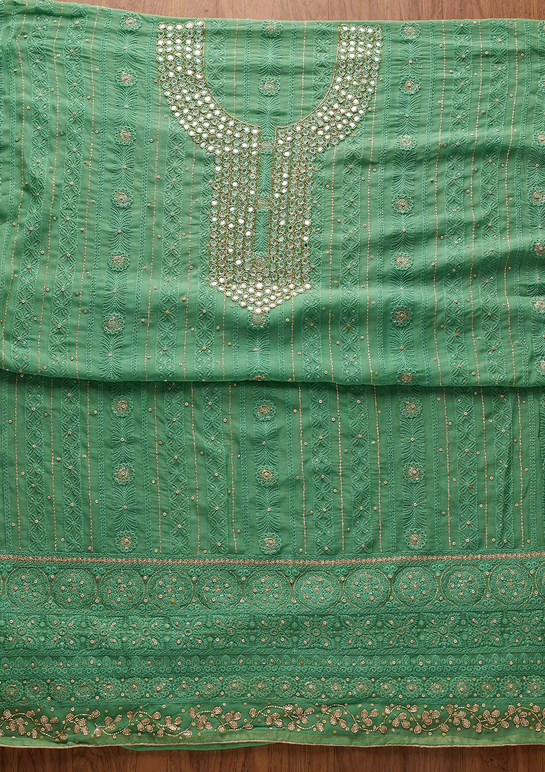 Leaf Green Mirrorwork Georgette Designer Semi-Stitched Salwar Suit - koskii
