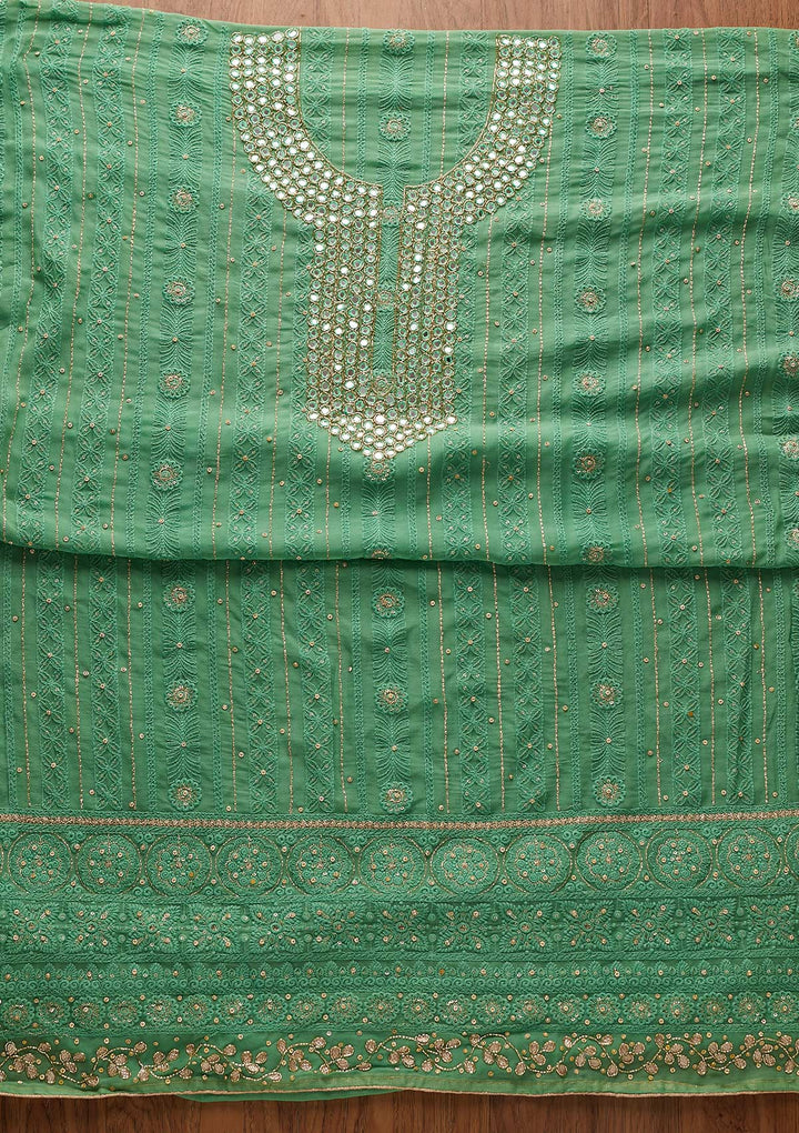 Leaf Green Mirrorwork Georgette Designer Semi-Stitched Salwar Suit - koskii