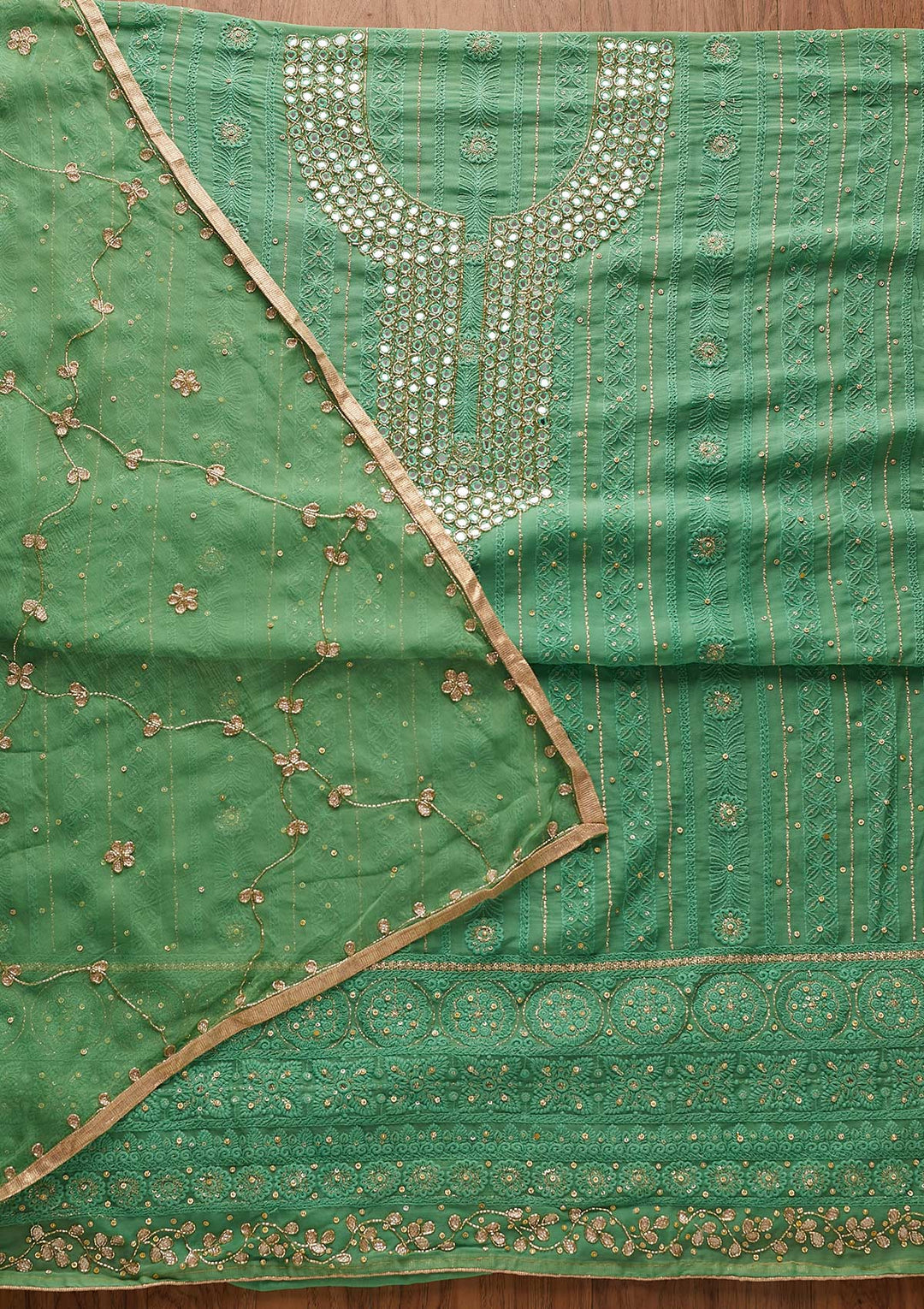 Leaf Green Mirrorwork Georgette Designer Semi-Stitched Salwar Suit - koskii