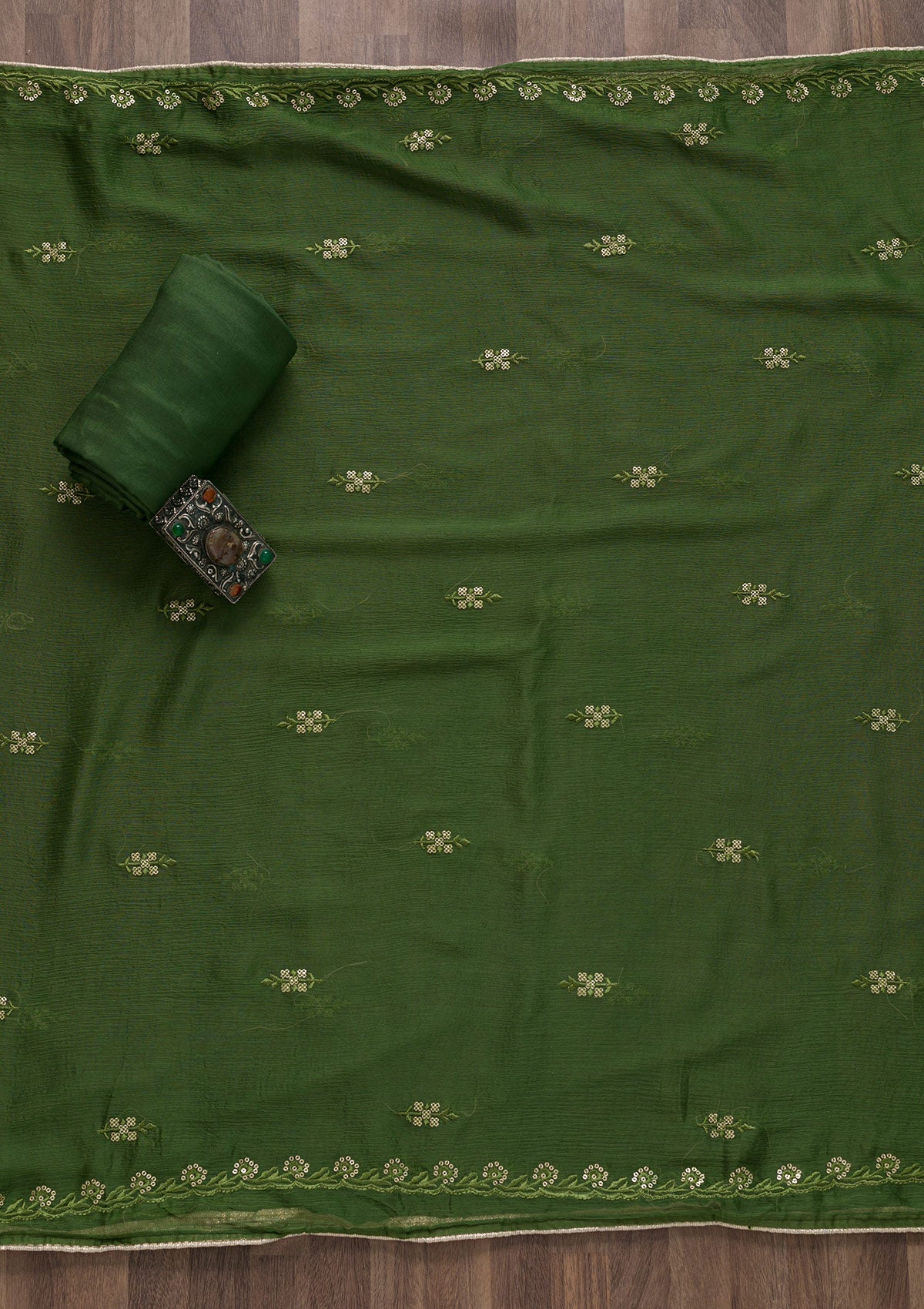 Leaf Green Printed Art Silk Unstitched Salwar Suit-Koskii