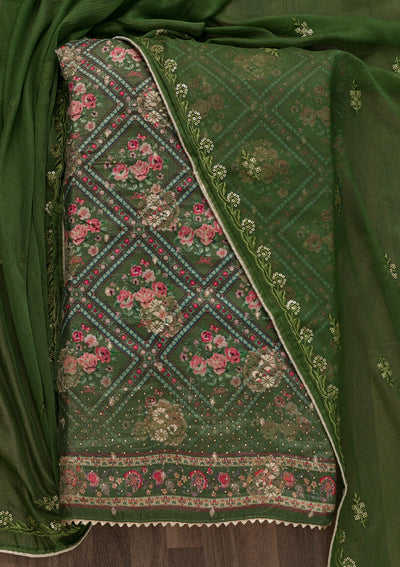 Leaf Green Printed Art Silk Unstitched Salwar Suit-Koskii