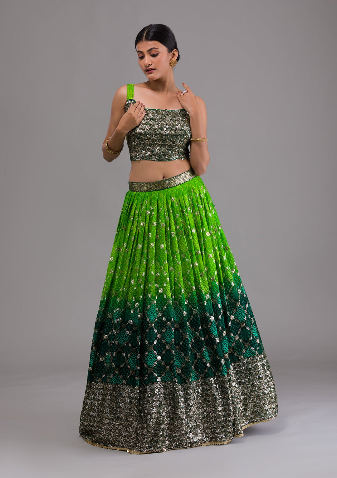 Leaf Green Sequins Georgette Designer Lehenga-Koskii
