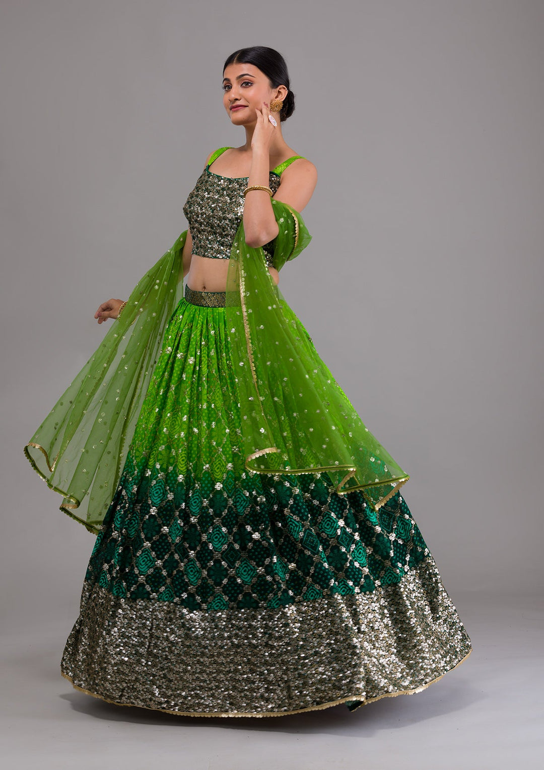Leaf Green Sequins Georgette Designer Lehenga-Koskii
