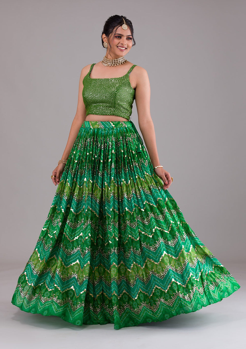Leaf Green Sequins Georgette Lehenga-Koskii