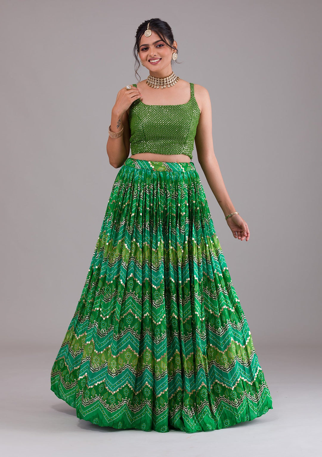 Leaf Green Sequins Georgette Lehenga-Koskii