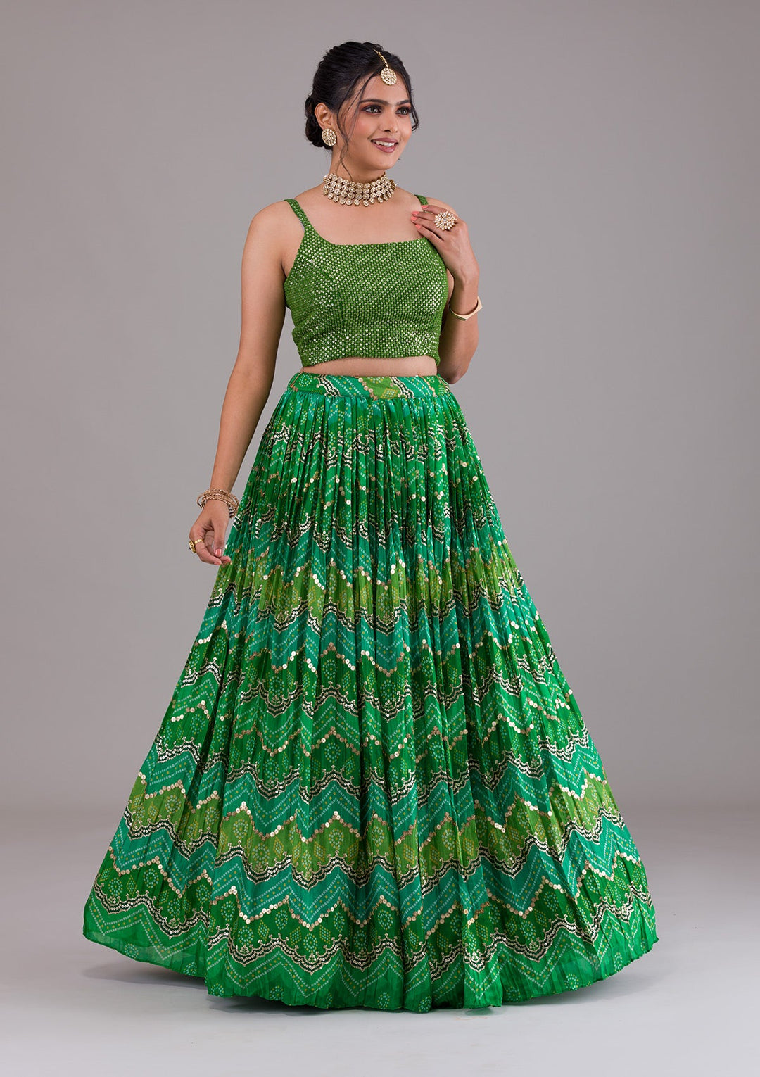 Leaf Green Sequins Georgette Lehenga-Koskii