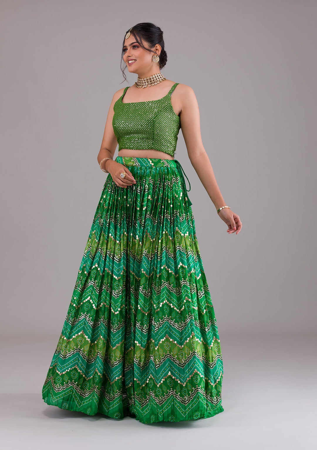 Leaf Green Sequins Georgette Lehenga-Koskii