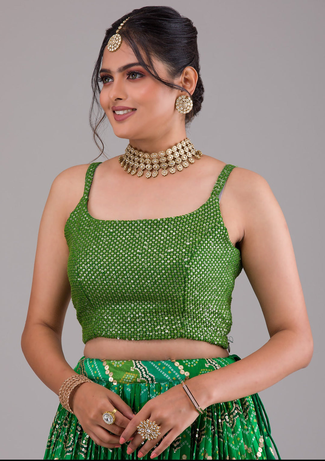 Leaf Green Sequins Georgette Lehenga-Koskii