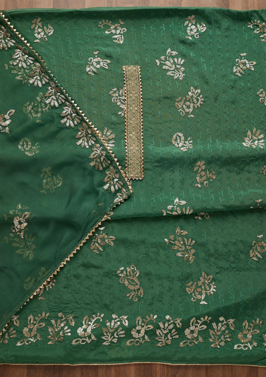 Leaf Green Sequins Georgette Semi-Stitched Salwar Suit-Koskii