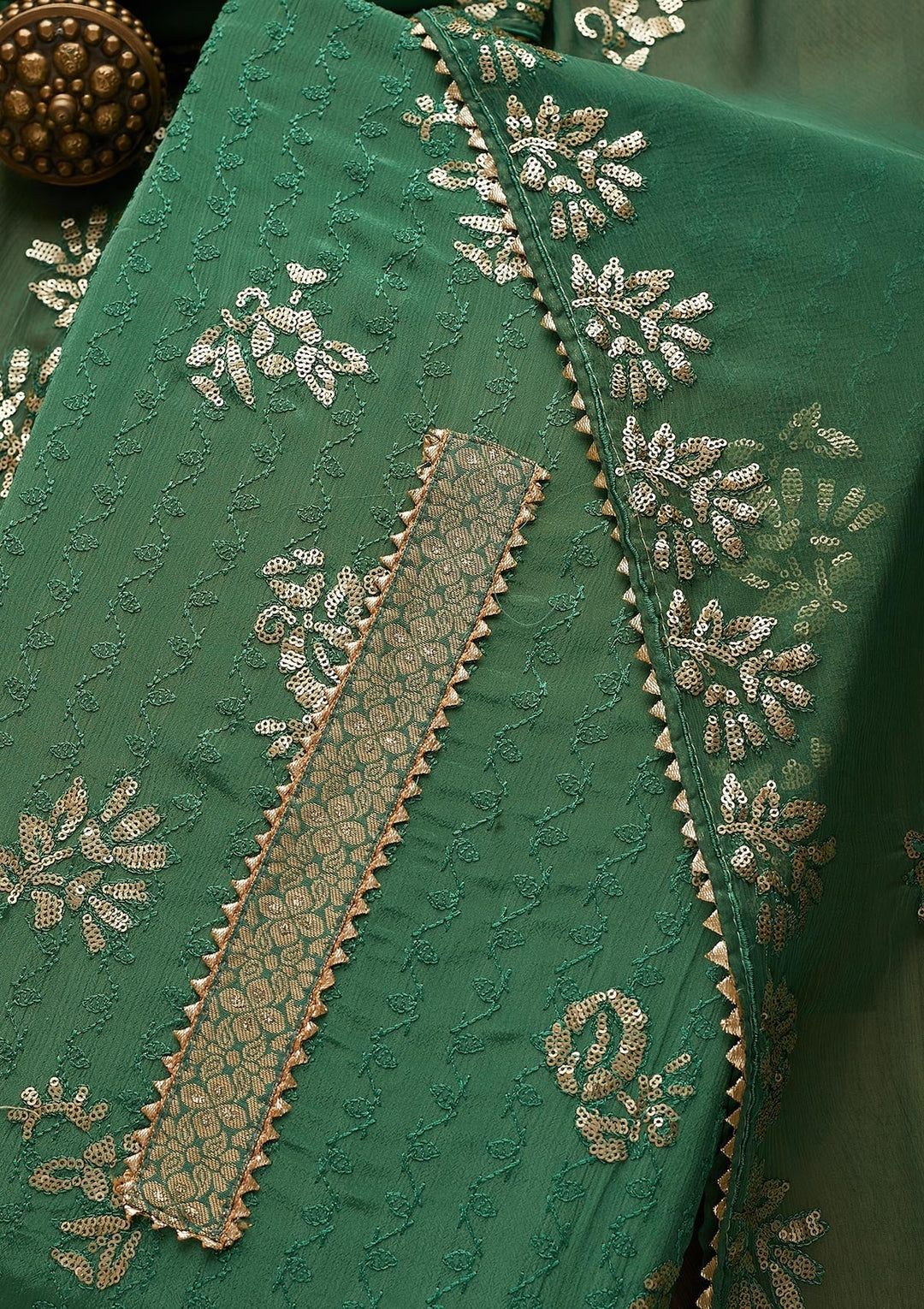 Leaf Green Sequins Georgette Semi-Stitched Salwar Suit-Koskii