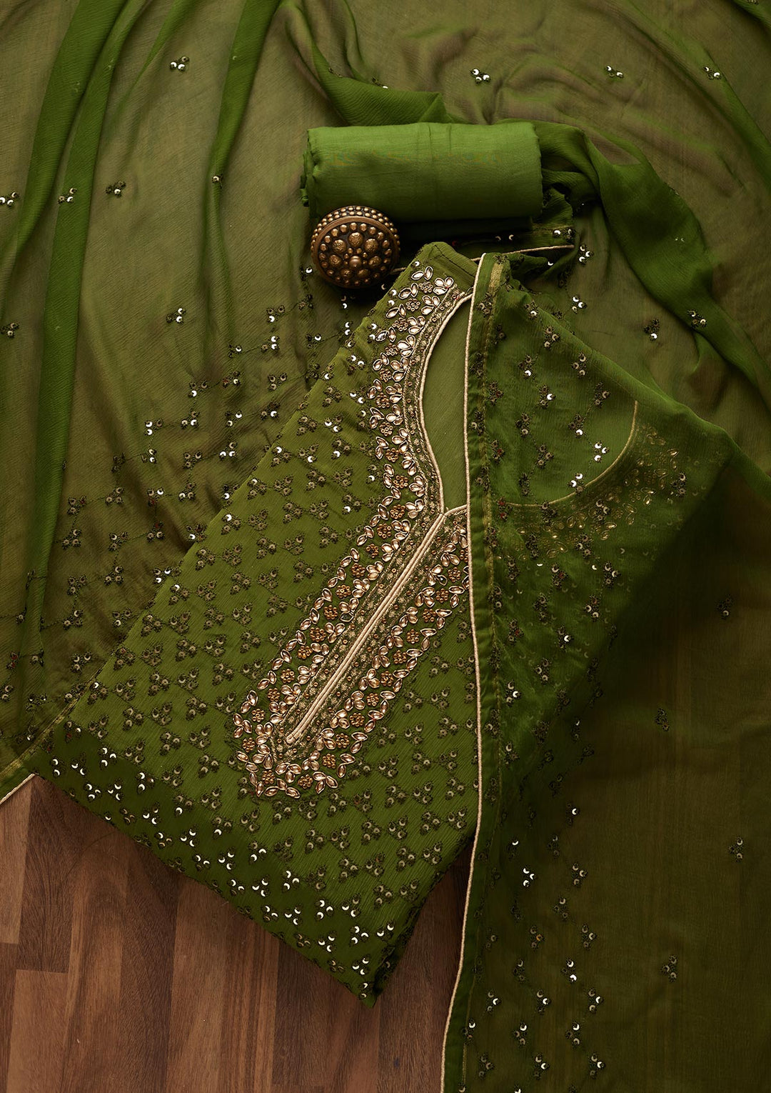 Leaf Green Sequins Georgette Unstitched Salwar Suit - Koskii