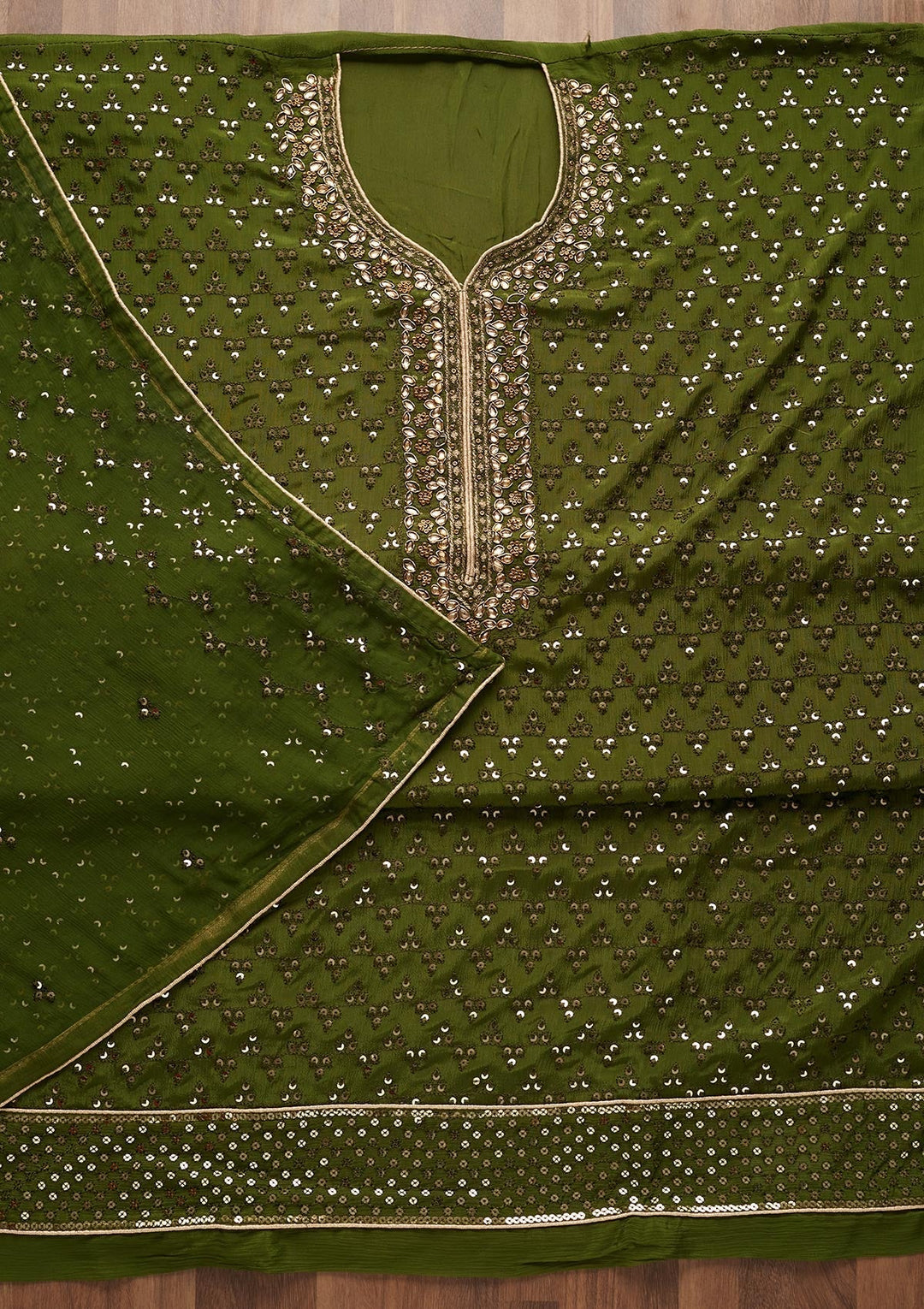 Leaf Green Sequins Georgette Unstitched Salwar Suit - Koskii