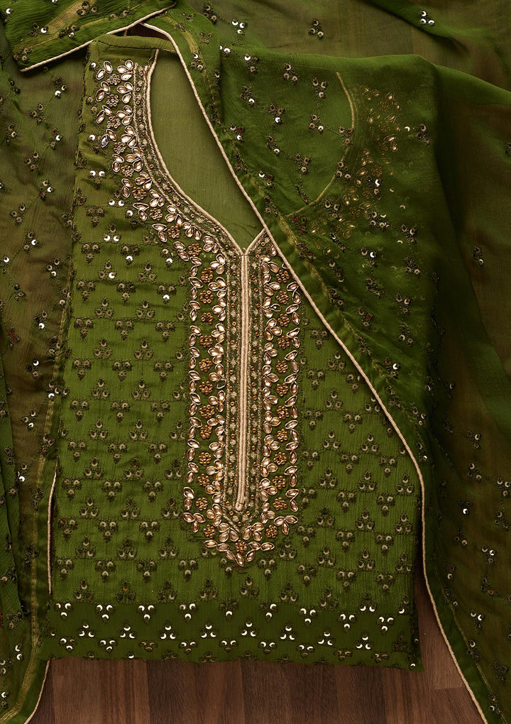Leaf Green Sequins Georgette Unstitched Salwar Suit - Koskii