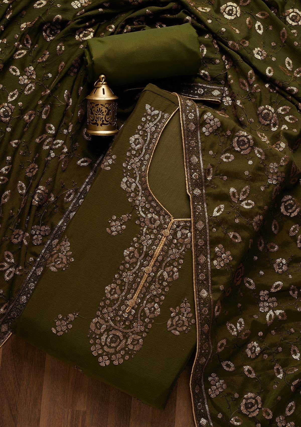 Leaf Green Sequins Georgette Unstitched Salwar Suit- Koskii