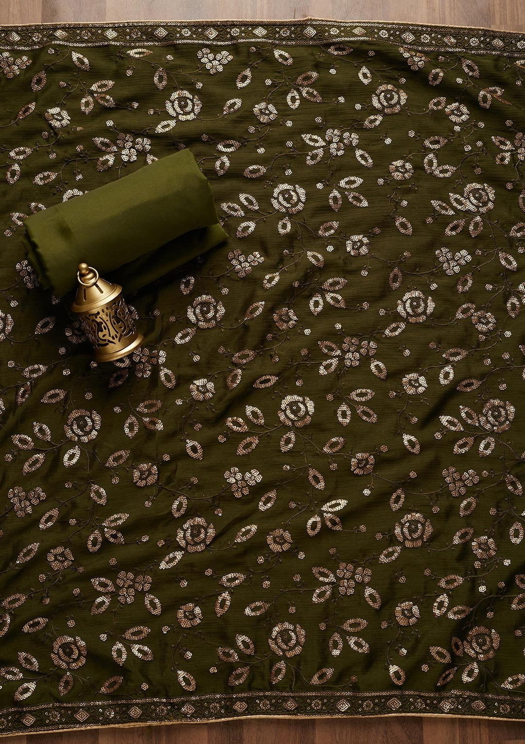 Leaf Green Sequins Georgette Unstitched Salwar Suit - Koskii