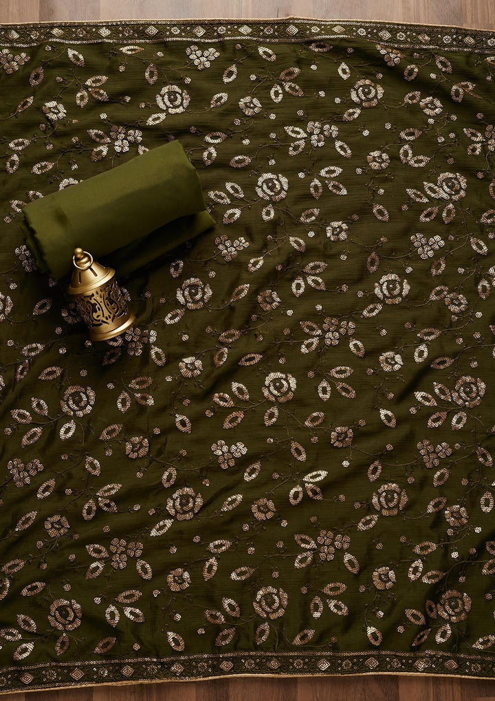 Leaf Green Sequins Georgette Unstitched Salwar Suit - Koskii