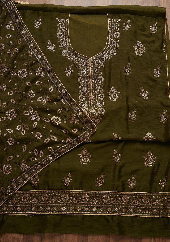 Leaf Green Sequins Georgette Unstitched Salwar Suit - Koskii