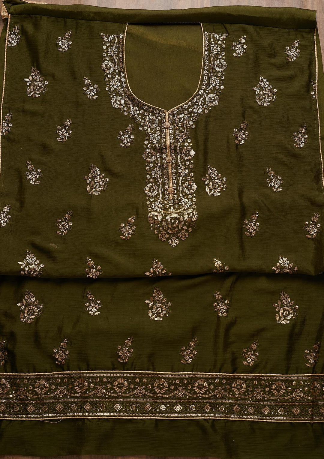 Leaf Green Sequins Georgette Unstitched Salwar Suit - Koskii