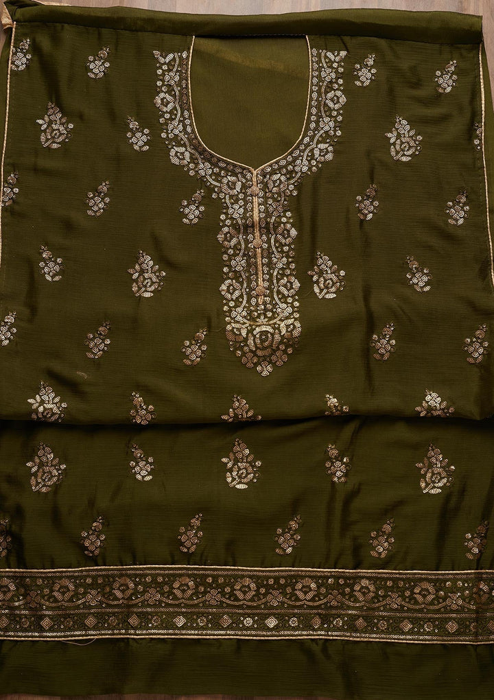 Leaf Green Sequins Georgette Unstitched Salwar Suit - Koskii