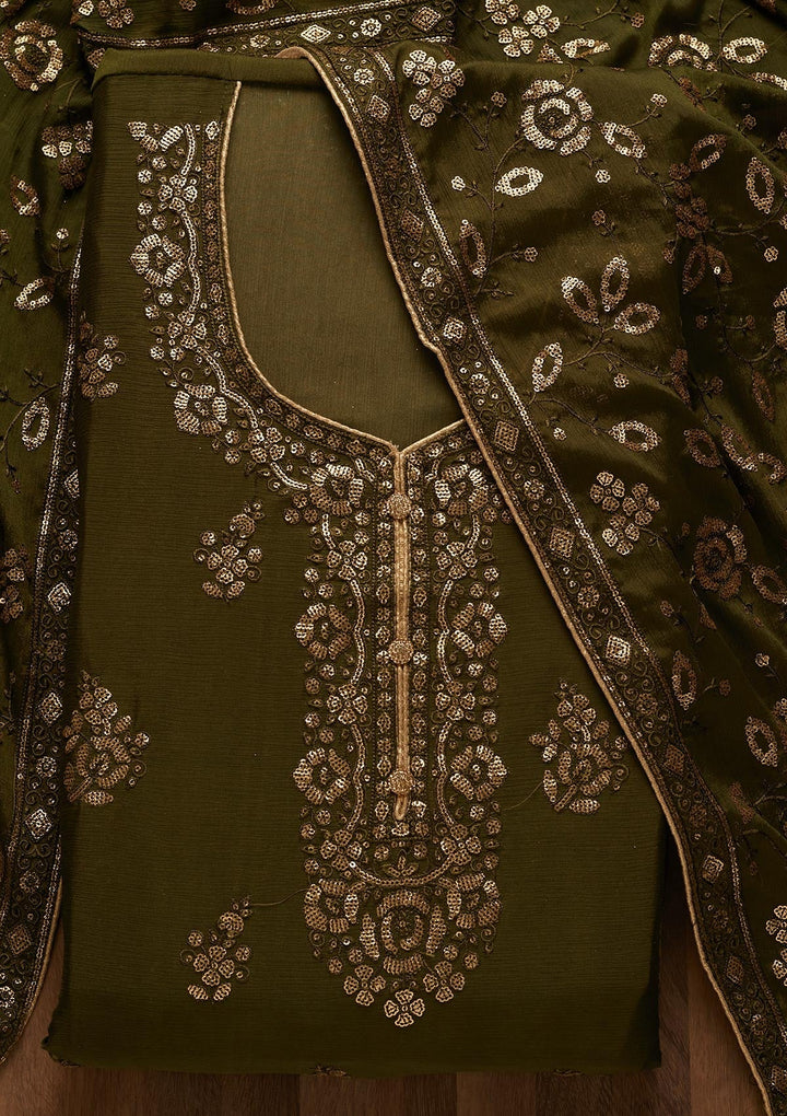 Leaf Green Sequins Georgette Unstitched Salwar Suit - Koskii