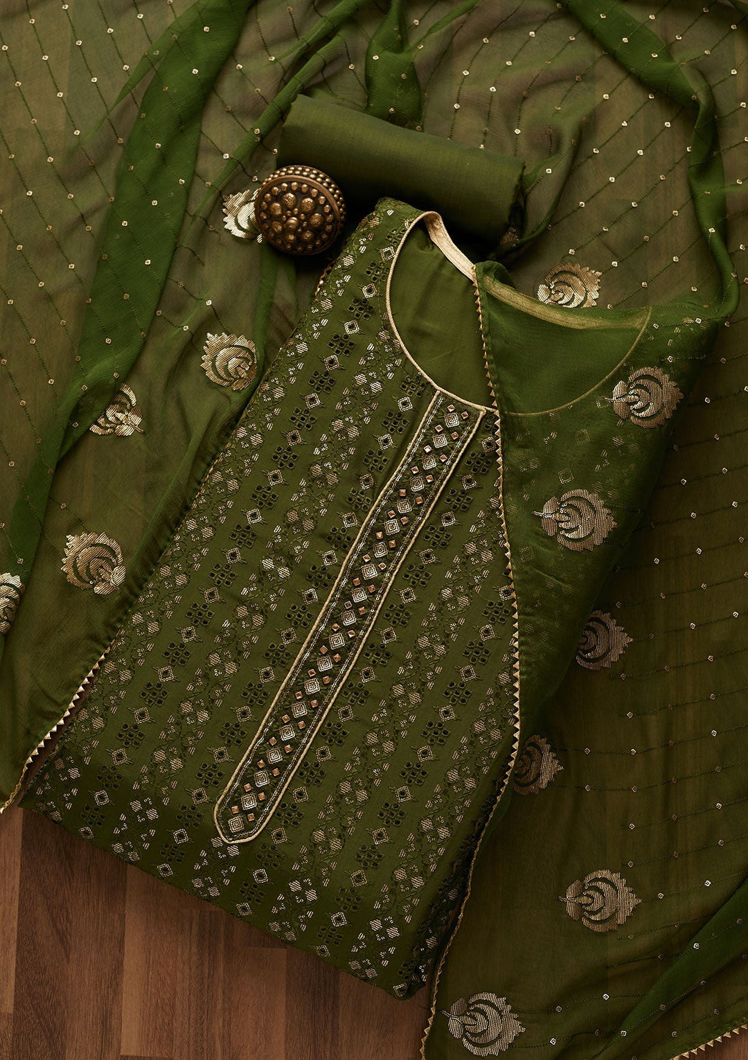 Leaf Green Sequins Georgette Unstitched Salwar Suit-Koskii
