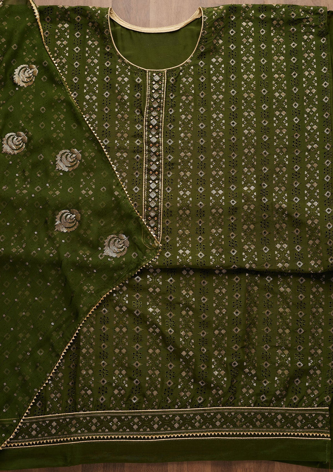 Leaf Green Sequins Georgette Unstitched Salwar Suit-Koskii